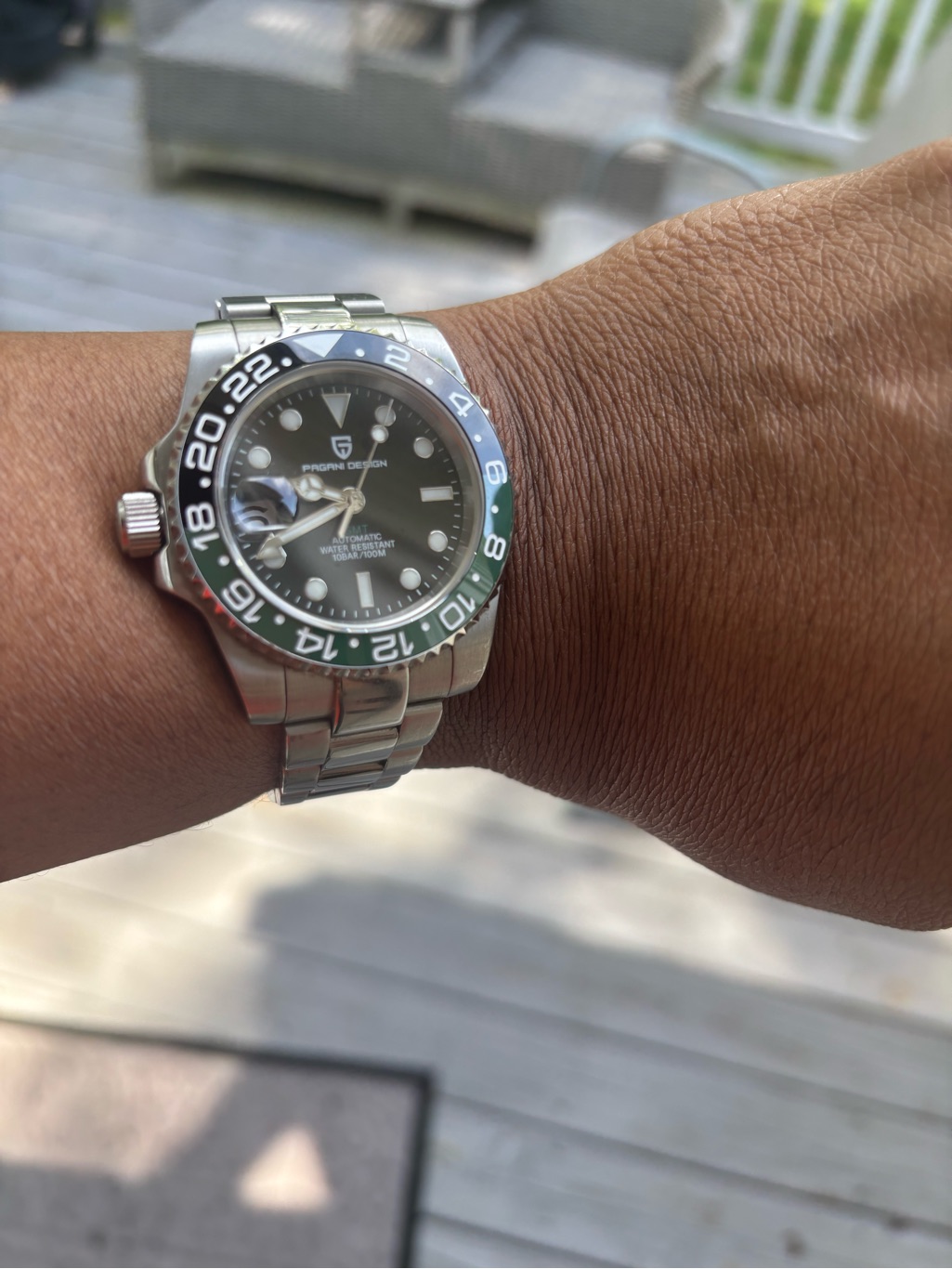 Pagani Design Mens Gmt Automatic Stainless Steel Watch  Black  Green